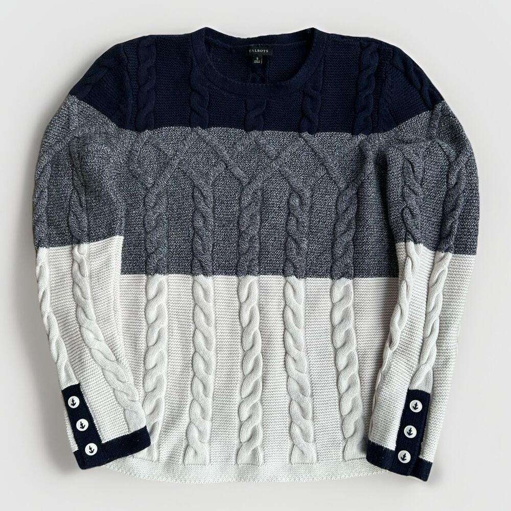 Talbots Chunky Cable Knit Nautical Sweater Size Small Color Block Blue White - Picture 11 of 11